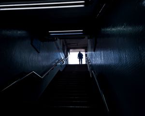 Preview wallpaper man, silhouette, alone, stairs, climb, dark