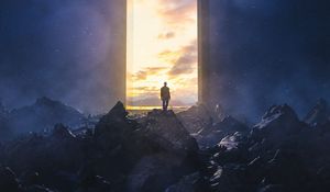 Preview wallpaper man, silhouette, alone, stones, gate, freedom