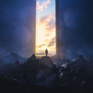 Preview wallpaper man, silhouette, alone, stones, gate, freedom