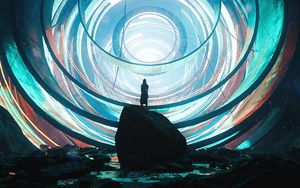 Preview wallpaper man, silhouette, alone, glow, circles