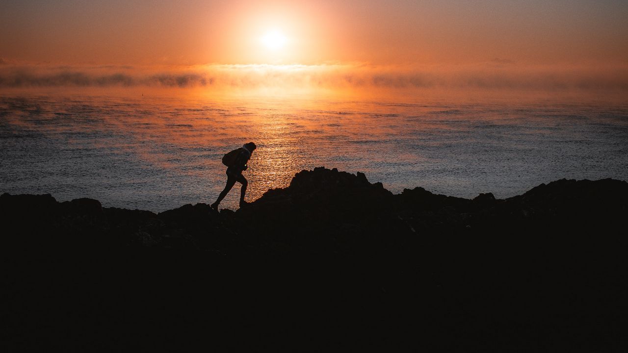 Wallpaper man, silhouette, alone, shore, water, sunset, dark