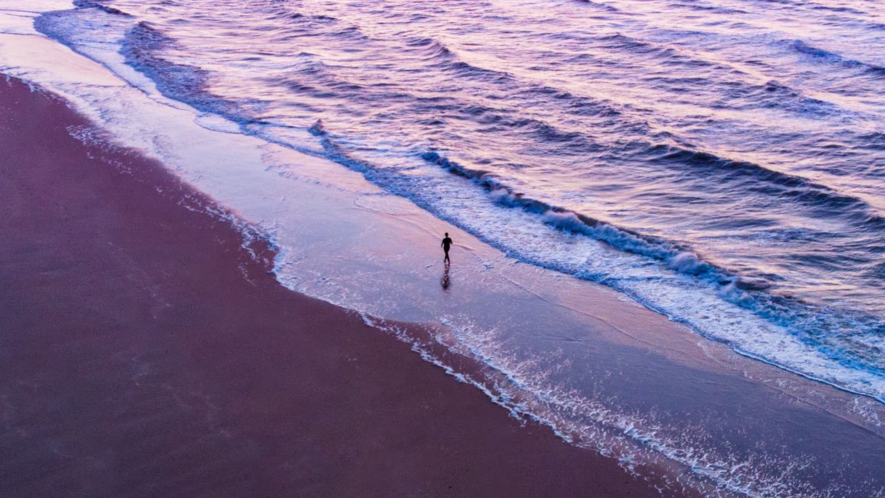 Wallpaper man, silhouette, alone, beach, sea, aerial view, purple