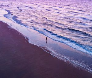 Preview wallpaper man, silhouette, alone, beach, sea, aerial view, purple