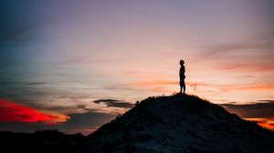 Preview wallpaper man, silhouette, alone, mountain, peak, dusk