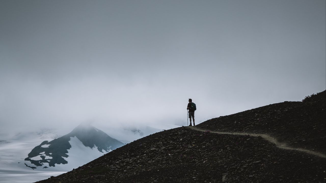 Wallpaper man, silhouette, alone, mountains, dusk, nature