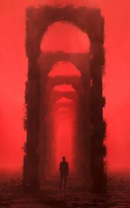 Preview wallpaper man, silhouette, arch, tunnel, red, art