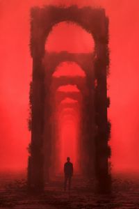 Preview wallpaper man, silhouette, arch, tunnel, red, art