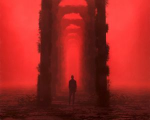 Preview wallpaper man, silhouette, arch, tunnel, red, art