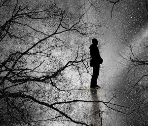 Preview wallpaper man, silhouette, branches, rain, bw