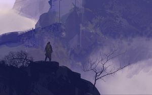 Preview wallpaper man, silhouette, building, cliff, art
