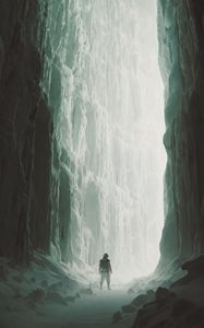 Preview wallpaper man, silhouette, cave, fog, art