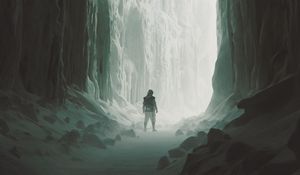 Preview wallpaper man, silhouette, cave, fog, art