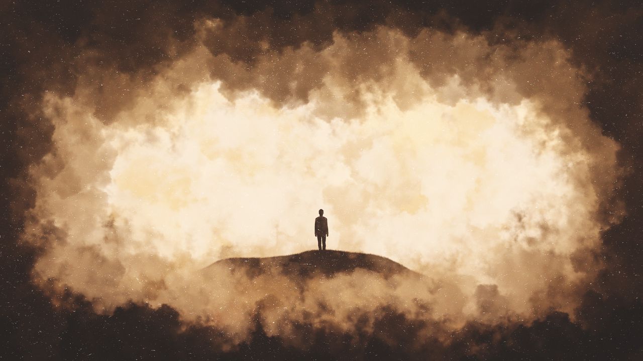 Wallpaper man, silhouette, cloud, smoke, light, brown, color