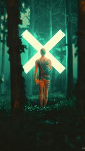 Preview wallpaper man, silhouette, cross, forest, glow, art