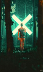 Preview wallpaper man, silhouette, cross, forest, glow, art