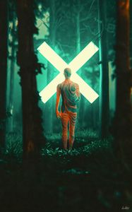 Preview wallpaper man, silhouette, cross, forest, glow, art