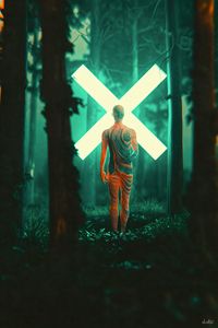 Preview wallpaper man, silhouette, cross, forest, glow, art