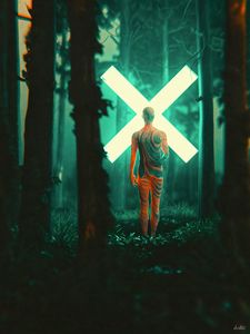 Preview wallpaper man, silhouette, cross, forest, glow, art