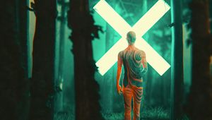 Preview wallpaper man, silhouette, cross, forest, glow, art