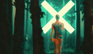 Preview wallpaper man, silhouette, cross, forest, glow, art