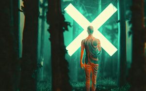 Preview wallpaper man, silhouette, cross, forest, glow, art