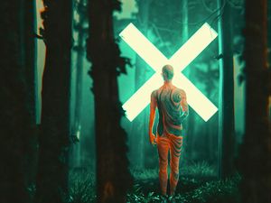 Preview wallpaper man, silhouette, cross, forest, glow, art