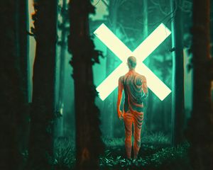 Preview wallpaper man, silhouette, cross, forest, glow, art