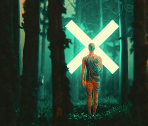 Preview wallpaper man, silhouette, cross, forest, glow, art