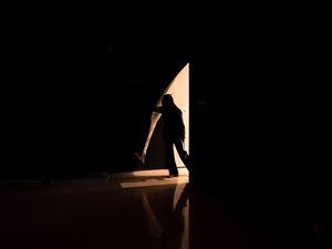 Preview wallpaper man, silhouette, exit, light, darkness