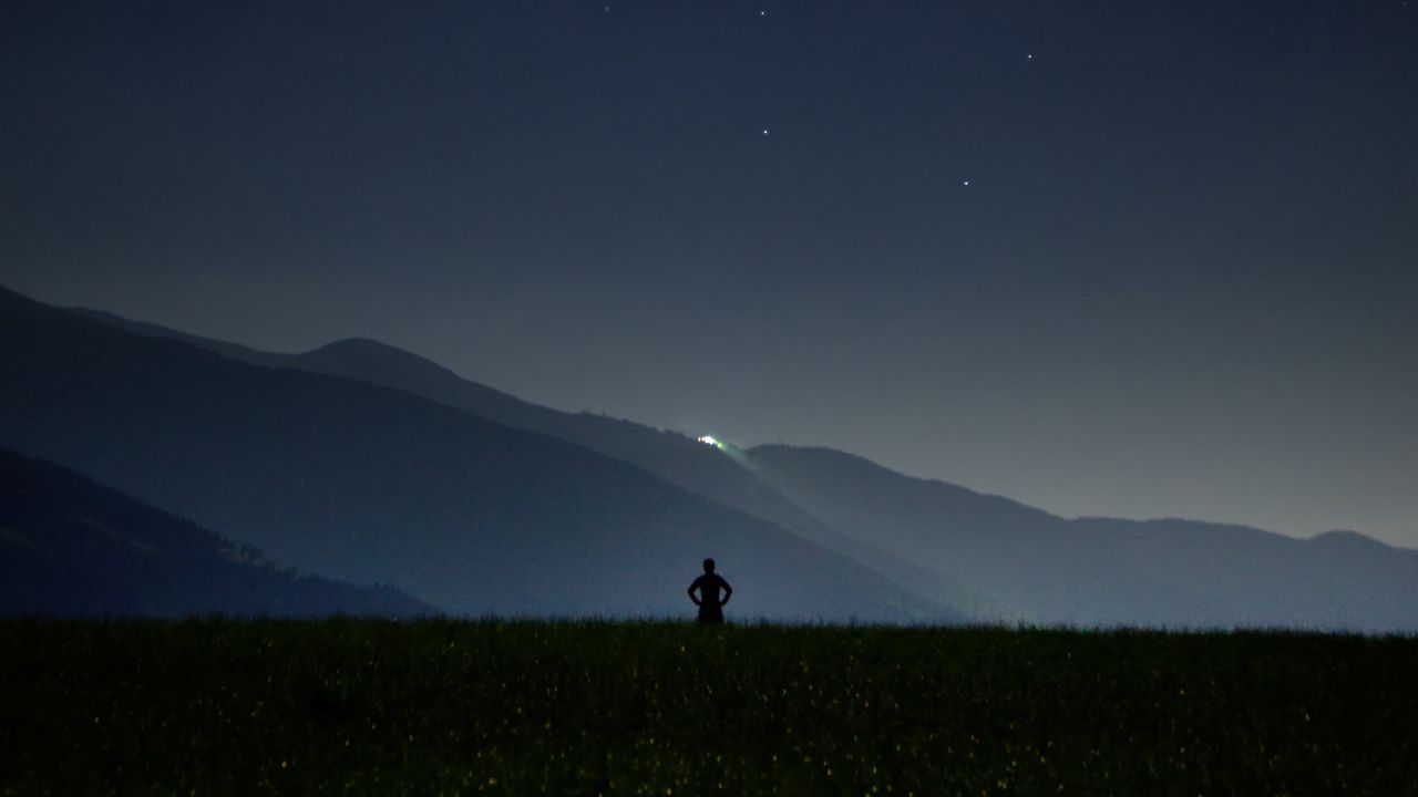 Wallpaper man, silhouette, field, night, sky, stars