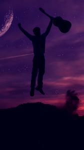 Preview wallpaper man, silhouette, guitar, stars, jump, moon, happiness, night