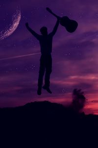 Preview wallpaper man, silhouette, guitar, stars, jump, moon, happiness, night