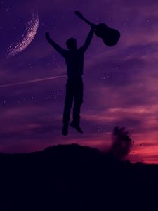 Preview wallpaper man, silhouette, guitar, stars, jump, moon, happiness, night