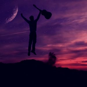 Preview wallpaper man, silhouette, guitar, stars, jump, moon, happiness, night