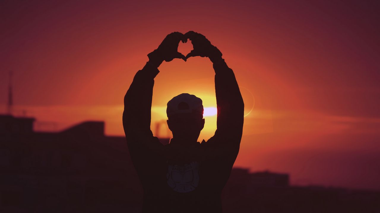 Wallpaper man, silhouette, heart, sunset, hands