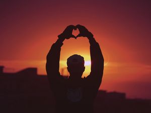 Preview wallpaper man, silhouette, heart, sunset, hands