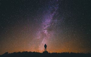 Preview wallpaper man, silhouette, milky way, starry sky, loneliness, night