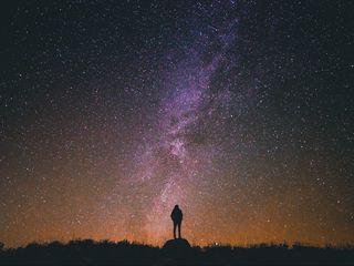 320x240 Wallpaper man, silhouette, milky way, starry sky, loneliness, night