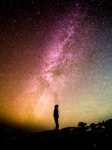 Preview wallpaper man, silhouette, milky way, stars, night, alone