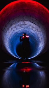 Preview wallpaper man, silhouette, neon, tunnel, dark