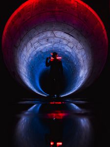 Preview wallpaper man, silhouette, neon, tunnel, dark