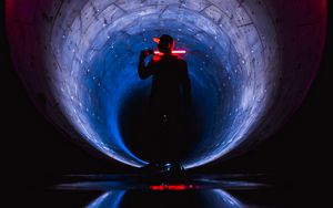 Preview wallpaper man, silhouette, neon, tunnel, dark