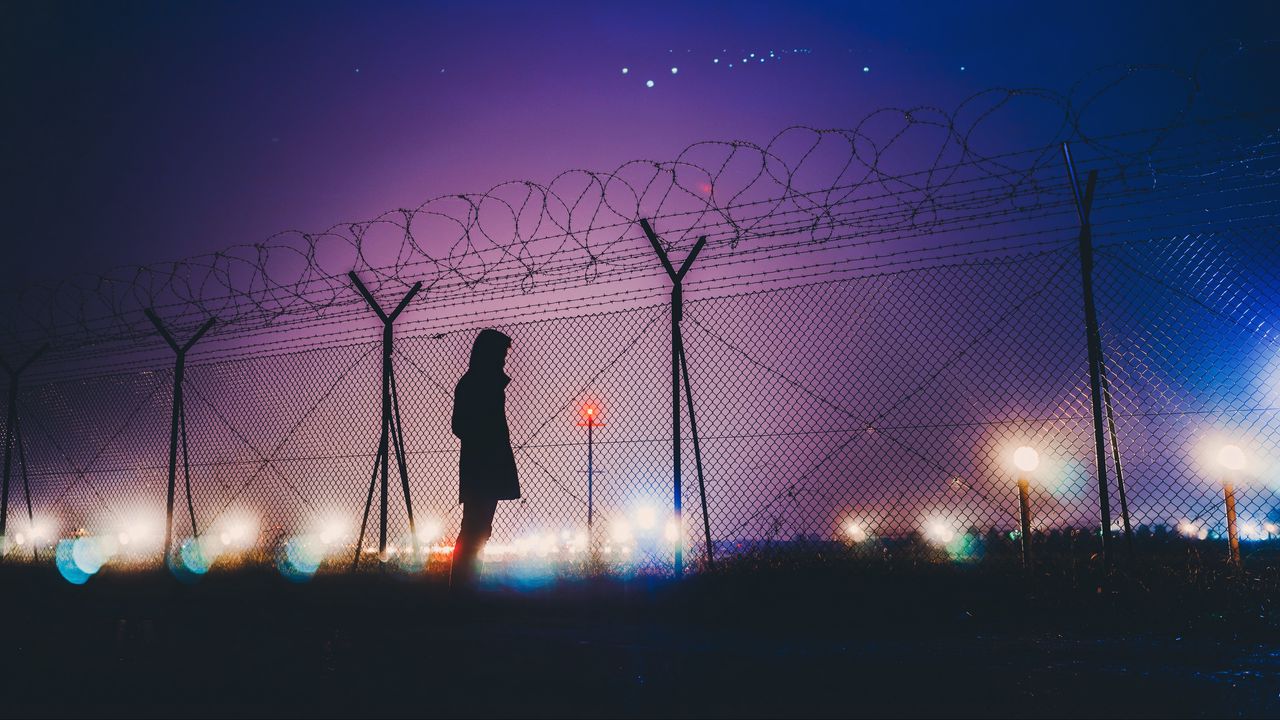 Wallpaper man, silhouette, night, barbed wire