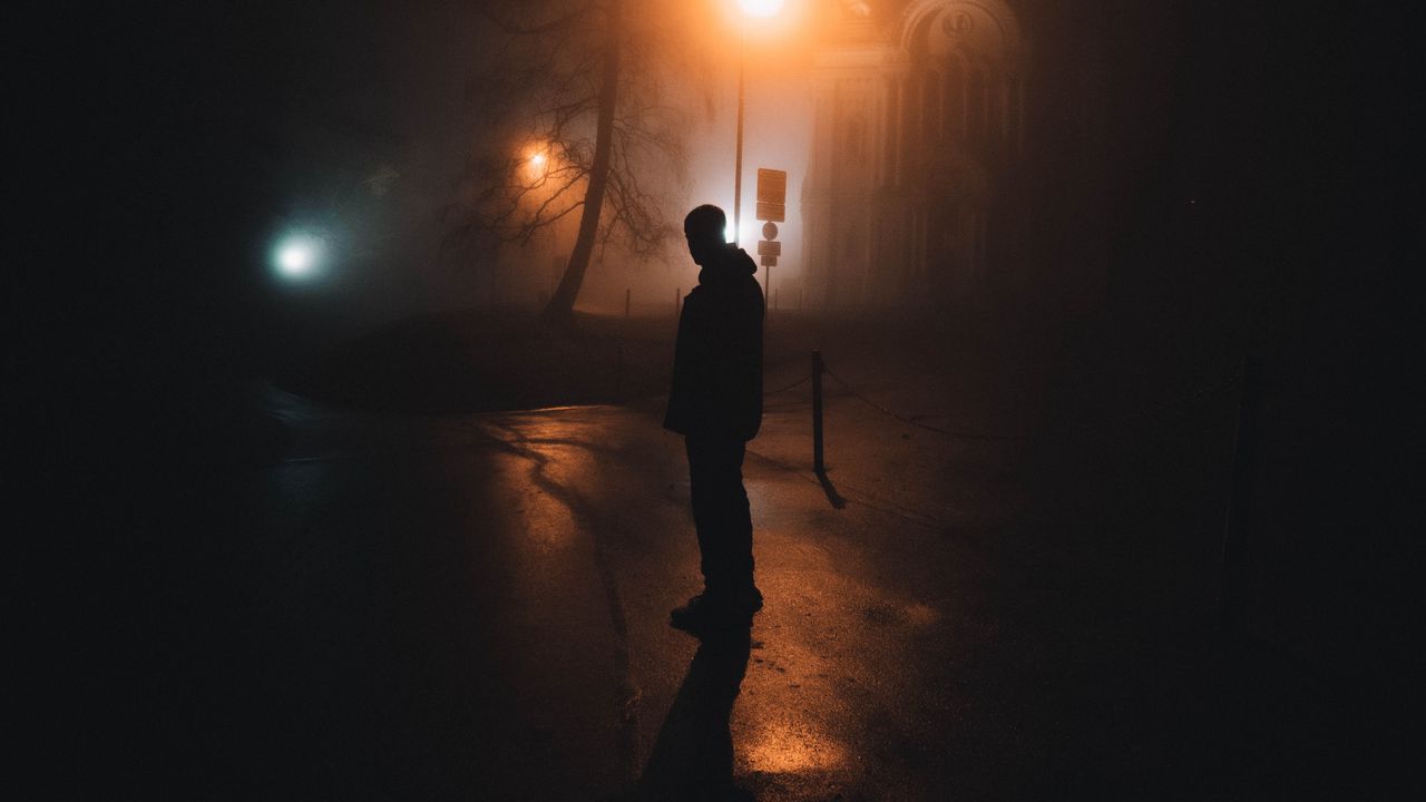 Wallpaper man, silhouette, night, fog, light, darkness, gloom