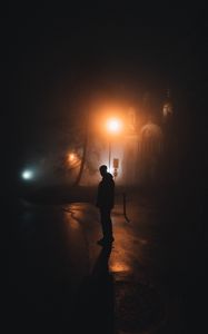 Preview wallpaper man, silhouette, night, fog, light, darkness, gloom