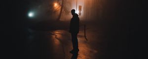 Preview wallpaper man, silhouette, night, fog, light, darkness, gloom