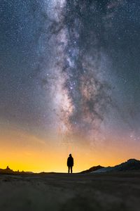 Preview wallpaper man, silhouette, night, milky way, alone