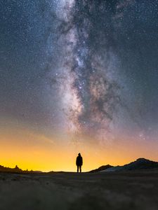 Preview wallpaper man, silhouette, night, milky way, alone