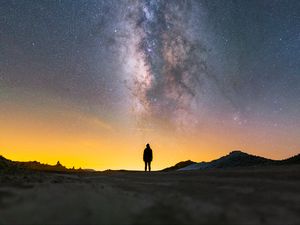 Preview wallpaper man, silhouette, night, milky way, alone