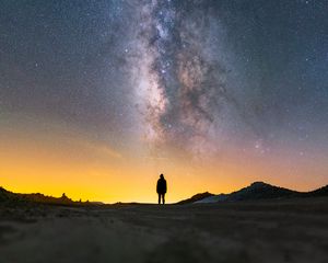 Preview wallpaper man, silhouette, night, milky way, alone